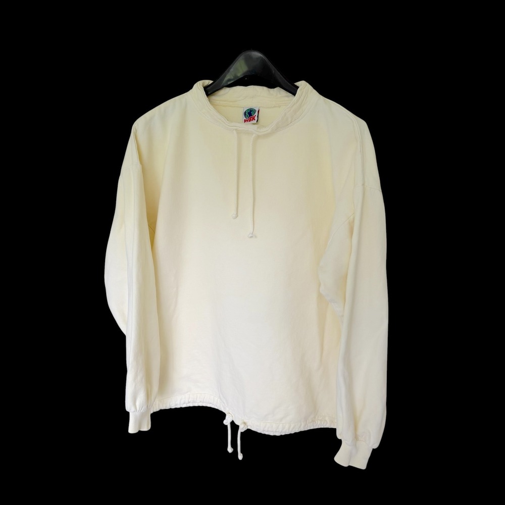 WEK 90's Funnel Neck Drawstring Pullover Sweatshirt Cream Off-White Yellow Large